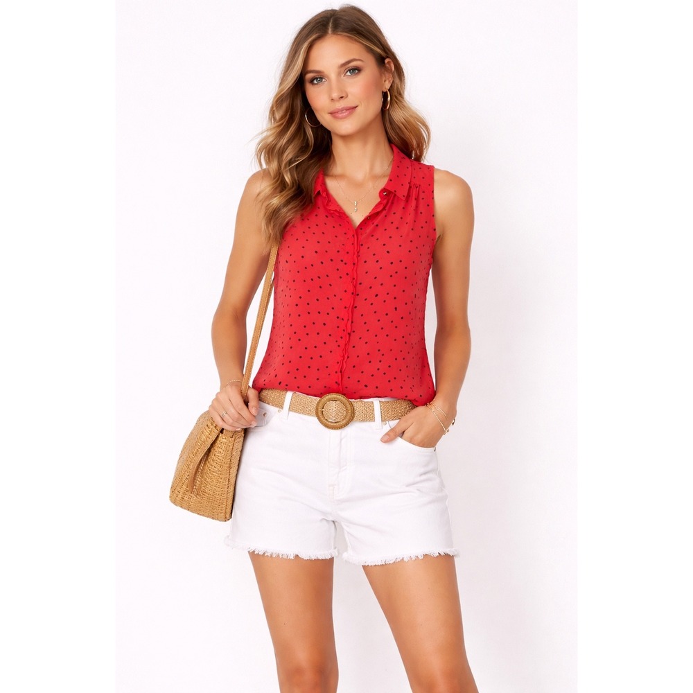 ELLE Red Black Polka Dot Sleeveless Ruffle Button Down Blouse Small